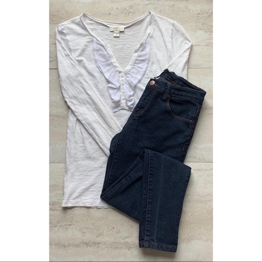 Loft White Ruffle Long Sleeve Top